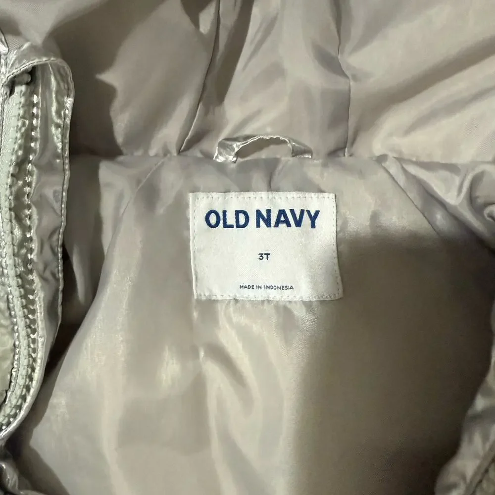 Old Navy Toddler 3T Silver Puffer Jacket Hooded Unisex Winter Coat Cool Special